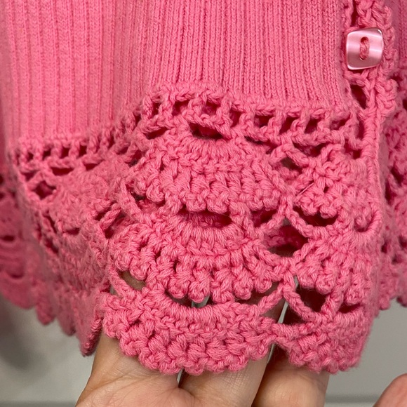 Cleo Women’s Size Large Pink Cardigan V Neck Crochet Hem Cuffs Ribbed - Picture 7 of 12